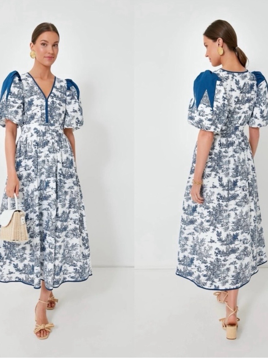 Tuckernuck Hyacinth House Blue And White Toile Puff-Sleeve Midi Dress